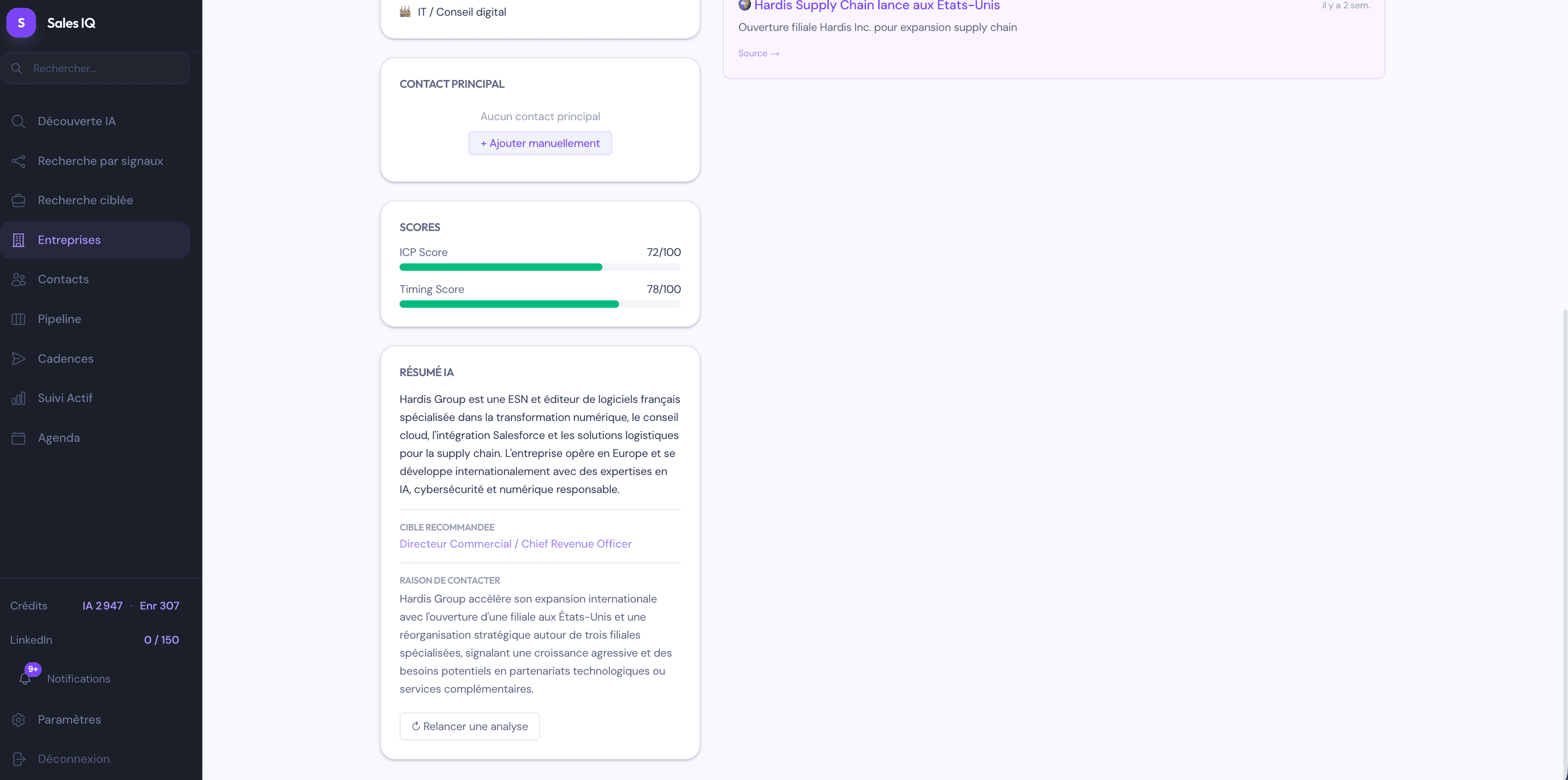 Suite de la fiche entreprise : Scores ICP/Timing, Résumé IA, Cible recommandée, Raison de contacter