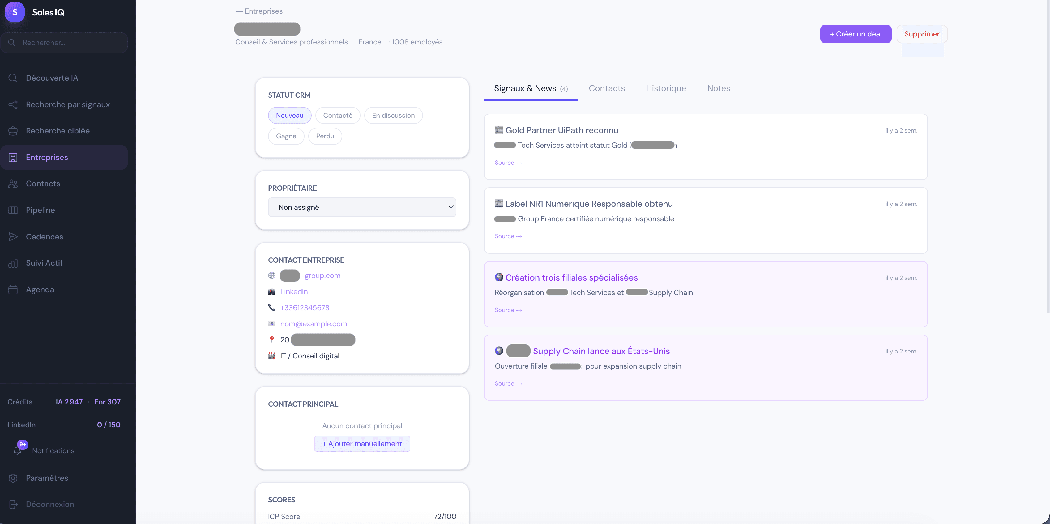 Fiche entreprise dans Sales IQ Intelligence : Signaux & News, Statut CRM, Contact entreprise